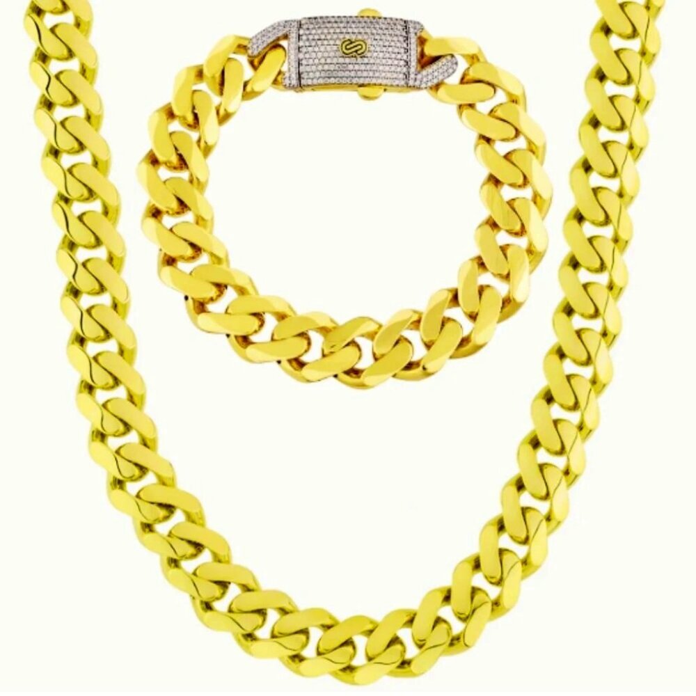 Womens Set Brass Monaco Curb Chain Necklace Bracelet  Beautiful Jewelry Set Mens